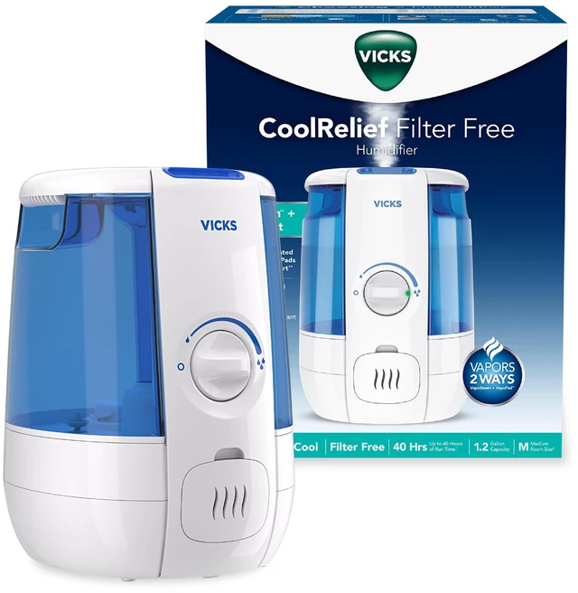 Main image of Vicks CoolRelief Cool Mist Humidifier, 1.2 Gal | Small to Medium Room Vaporizer for Baby, Kids, Adults, 40 hours runtime, Works with Vicks VapoSteam and VapoPads