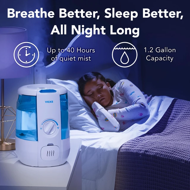 Alt view image 2 of 7 - Vicks CoolRelief Cool Mist Humidifier, 1.2 Gal | Small to Medium Room Vaporizer for Baby, Kids, Adults, 40 hours runtime, Works with Vicks VapoSteam and VapoPads