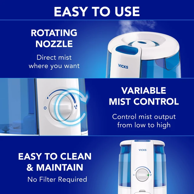Alt view image 5 of 7 - Vicks CoolRelief Cool Mist Humidifier, 1.2 Gal | Small to Medium Room Vaporizer for Baby, Kids, Adults, 40 hours runtime, Works with Vicks VapoSteam and VapoPads