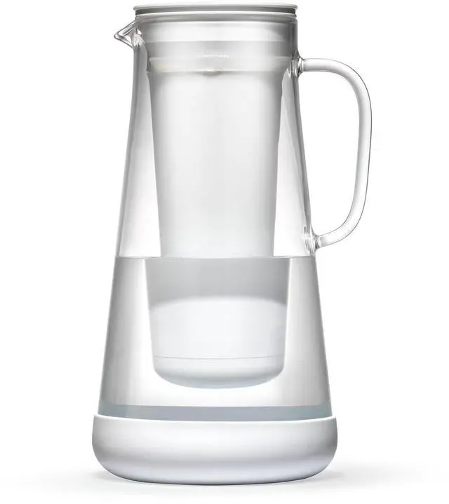 Main image of Home Water Pitcher, 7-Cup, White, Glass with Silicone Base, White, for Everyday Protection Against Bacteria, Parasites, Microplastics, Lead, Mercury, PFAS and a Variety of Chemicals