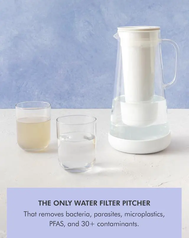 Alt view image 3 of 7 - Home Water Pitcher, 7-Cup, White, Glass with Silicone Base, White, for Everyday Protection Against Bacteria, Parasites, Microplastics, Lead, Mercury, PFAS and a Variety of Chemicals