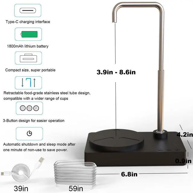 Alt view image 2 of 6 - Desk Water Dispenser- Intelligent Desktop Water Bottle, Automatic Water Pump for Universal Bottle Water Dispenser USB Charging Jug Pump for Home, Office, Outdoor (Black)