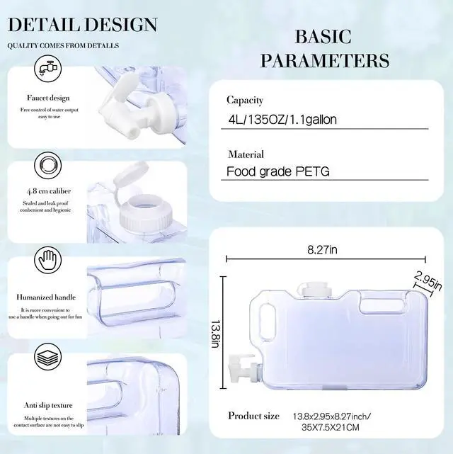 Alt view image 2 of 7 - Drink Dispenser for Fridge Refrigerator Plastic Reusable Water Dispensers Bottle with Spigot for Party Outdoors Home Office Activities(1.1 Gallon,4 Pcs)