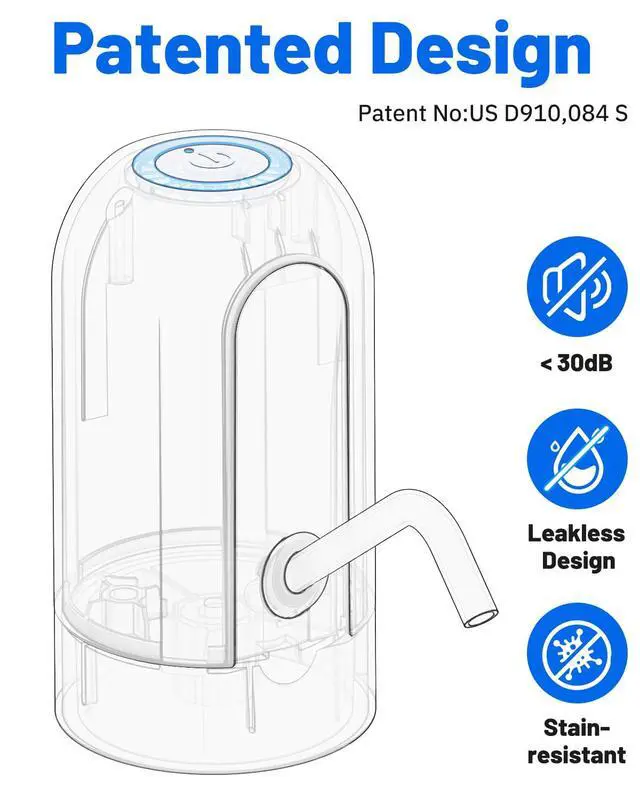 Alt view image 2 of 7 - Water Dispenser for 5 Gallon Bottle, Portable USB Charging Electric Water Pump, Drinking Water Jug Pump for Home, Kitchen, Living Room, Office, Camping, Universal for 3-5 Gallon (Black)