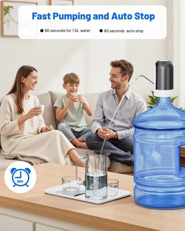 Alt view image 4 of 7 - Water Dispenser for 5 Gallon Bottle, Portable USB Charging Electric Water Pump, Drinking Water Jug Pump for Home, Kitchen, Living Room, Office, Camping, Universal for 3-5 Gallon (Black)