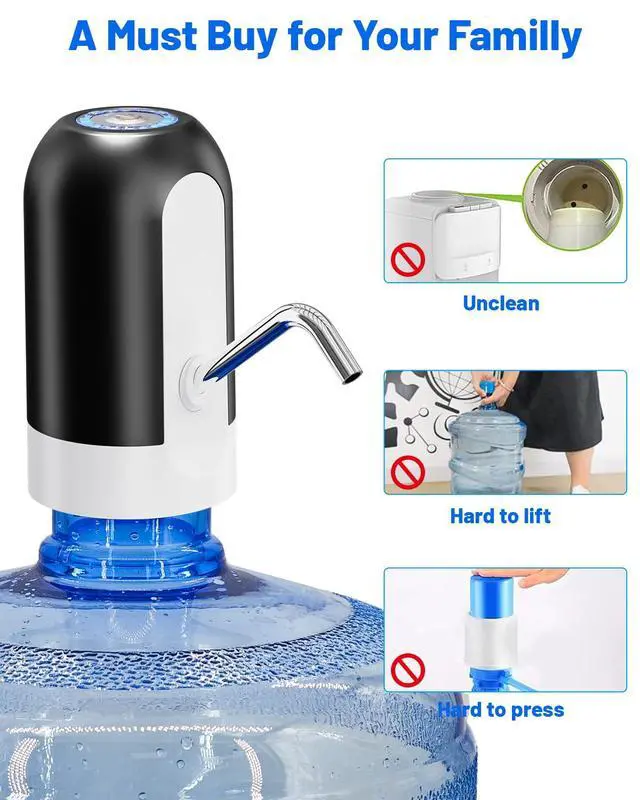 Alt view image 5 of 7 - Water Dispenser for 5 Gallon Bottle, Portable USB Charging Electric Water Pump, Drinking Water Jug Pump for Home, Kitchen, Living Room, Office, Camping, Universal for 3-5 Gallon (Black)
