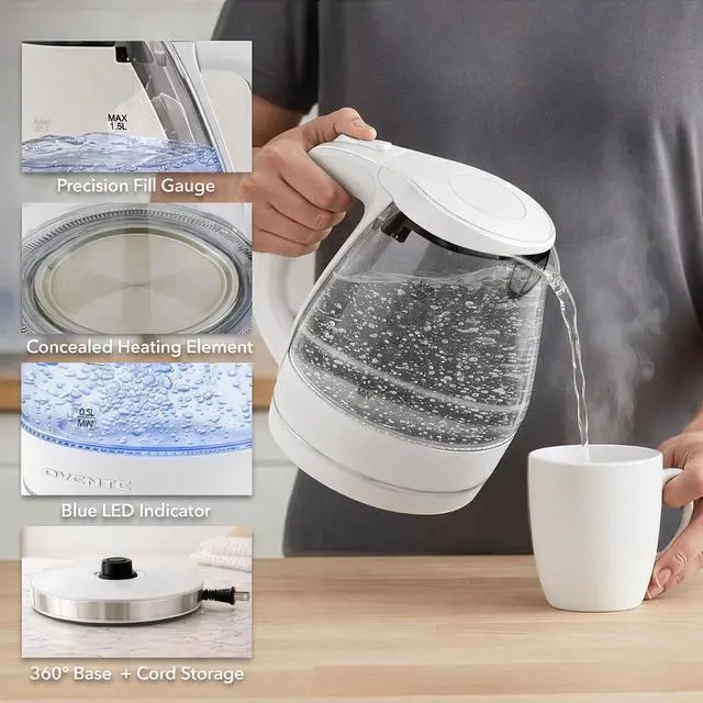 Alt view image 3 of 7 - Electric Kettle, 1.5L Borosilicate Glass Countertop Water Heater and Boiler for Coffee or Tea, BPA-Free, Auto Shut-Off, Boil-Dry Protection, Removable and Washable Spout Filter, White KG83W