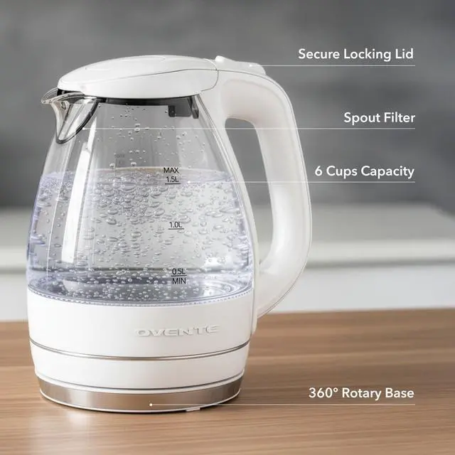 Alt view image 5 of 7 - Electric Kettle, 1.5L Borosilicate Glass Countertop Water Heater and Boiler for Coffee or Tea, BPA-Free, Auto Shut-Off, Boil-Dry Protection, Removable and Washable Spout Filter, White KG83W