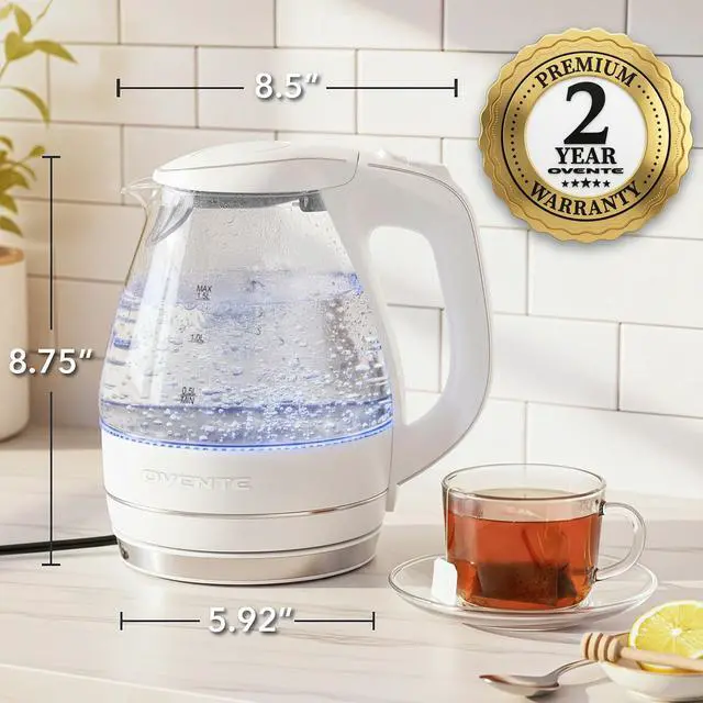 Alt view image 7 of 7 - Electric Kettle, 1.5L Borosilicate Glass Countertop Water Heater and Boiler for Coffee or Tea, BPA-Free, Auto Shut-Off, Boil-Dry Protection, Removable and Washable Spout Filter, White KG83W