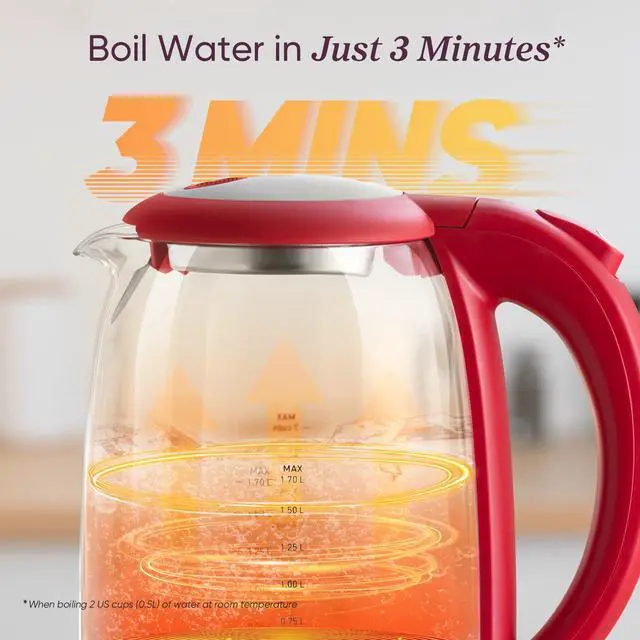 Alt view image 4 of 7 - Electric Kettle, No Plastic Filter & Spout, Tea Kettle & Hot Water Boiler For Coffee & Tea, Water Heater & Teapot, Automatic Shut Off, Borosilicate glass, Red, 1.7L/1500W