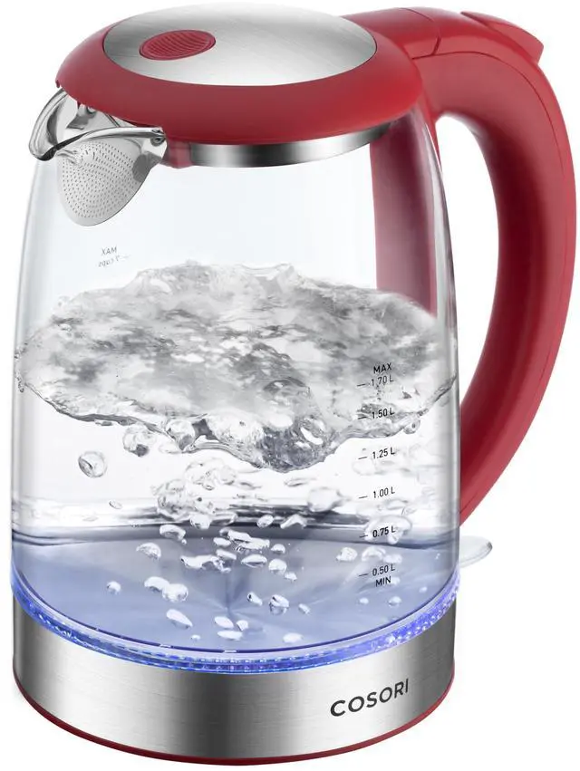 Main image of Electric Kettle, No Plastic Filter & Spout, Tea Kettle & Hot Water Boiler For Coffee & Tea, Water Heater & Teapot, Automatic Shut Off, Borosilicate glass, Red, 1.7L/1500W