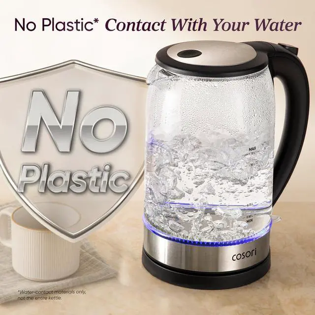 Alt view image 2 of 7 - Electric Kettle, No Plastic Contact With Water, Wide Mouth For Easy Cleaning, Auto Shut Off, 1.7L Tea Kettle & Hot Water Boiler, Water Heater & Teapot, Borosilicate Glass, Black, 1500W