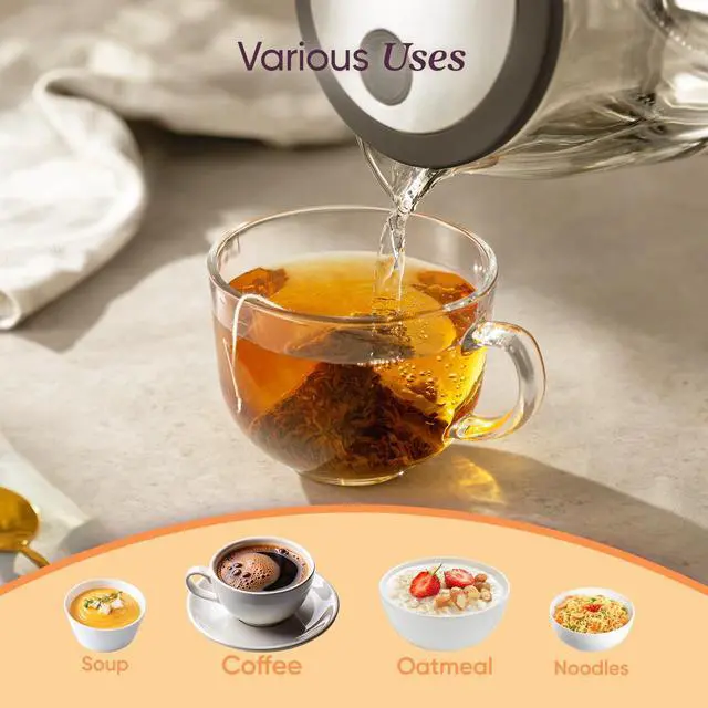 Alt view image 6 of 7 - Electric Kettle, No Plastic Contact With Water, Wide Mouth For Easy Cleaning, Auto Shut Off, 1.7L Tea Kettle & Hot Water Boiler, Water Heater & Teapot, Borosilicate Glass, Black, 1500W