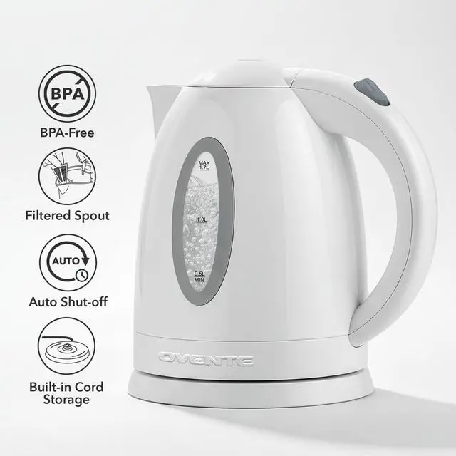 Alt view image 2 of 7 - Electric Kettle, 1.7L Fast Boiling Water Heater for Coffee or Tea, BPA Free with Water Level Gauge, Auto Shut-Off, Boil-Dry Protection, Indicator Light and Removable Filter, White KP72W