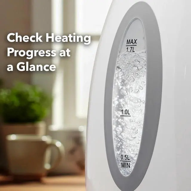 Alt view image 7 of 7 - Electric Kettle, 1.7L Fast Boiling Water Heater for Coffee or Tea, BPA Free with Water Level Gauge, Auto Shut-Off, Boil-Dry Protection, Indicator Light and Removable Filter, White KP72W