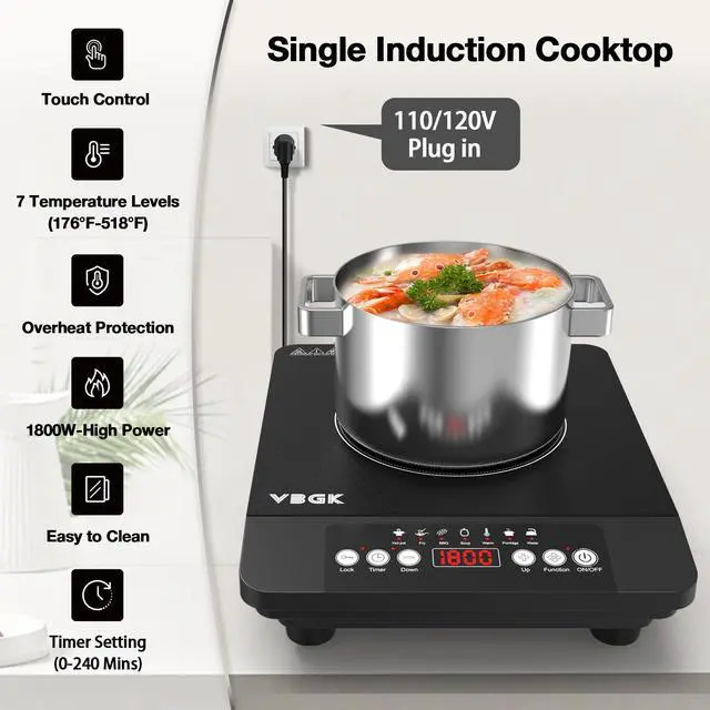 Alt view image 4 of 7 - Single Burner Induction Cooktop,1800W Portable Induction Cooktop,110V Hot Plate with LCD Sensor Touch, 7 Temp Levels up to 518°F, Safety Lock, 4-Hour Timer, 9 Heat-Resistant Cooking