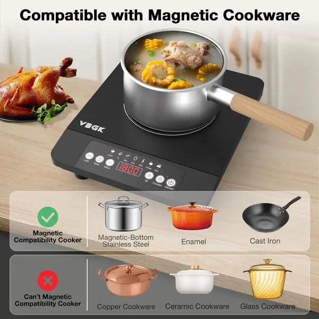Alt view image 5 of 7 - Portable induction Cooktop,110V Single Burner Induction Stove Top,1800W Induction Hot Plate Electric Burner,7 Power Levels, Kids Lock & Timer,LED touch control,Overheat Protection