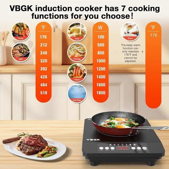 Alt view image 6 of 7 - Single Burner Induction Cooktop,1800W Portable Induction Cooktop,110V Hot Plate with LCD Sensor Touch, 7 Temp Levels up to 518°F, Safety Lock, 4-Hour Timer, 9 Heat-Resistant Cooking