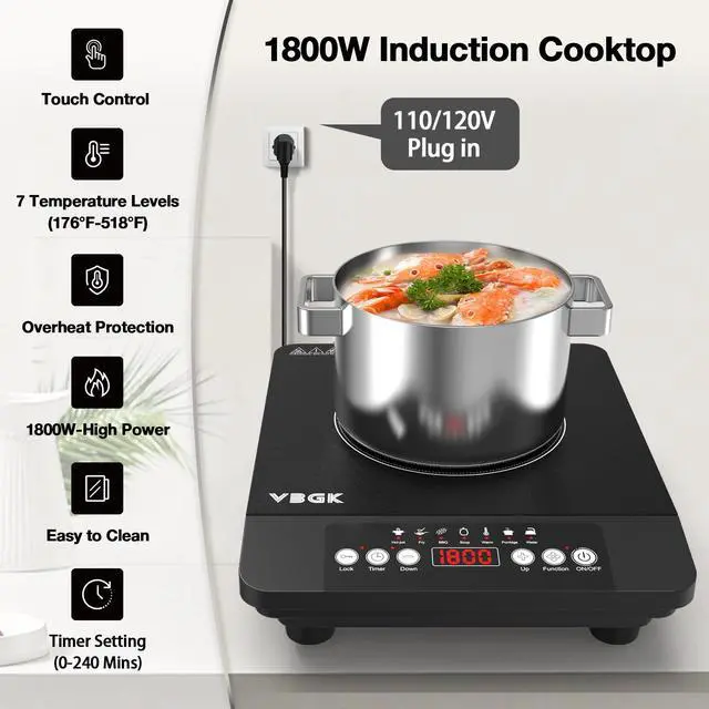 Alt view image 3 of 7 - Portable induction Cooktop,110V Single Burner Induction Stove Top,1800W Induction Hot Plate Electric Burner,7 Power Levels, Kids Lock & Timer,LED touch control,Overheat Protection