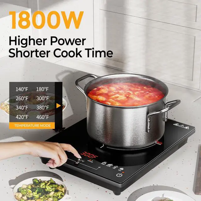 Alt view image 2 of 7 - Induction Cooktop 1800W Portable Electric Stove Countertop, 8 Preset Functions & Temp Settings, 2 Cooking Modes, Timer, Child Lock for Tiny Kitchen, Apartment, Camping, RV Countertop Burner