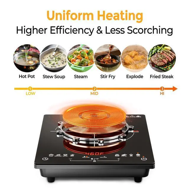 Alt view image 5 of 7 - Induction Cooktop 1800W Portable Electric Stove Countertop, 8 Preset Functions & Temp Settings, 2 Cooking Modes, Timer, Child Lock for Tiny Kitchen, Apartment, Camping, RV Countertop Burner