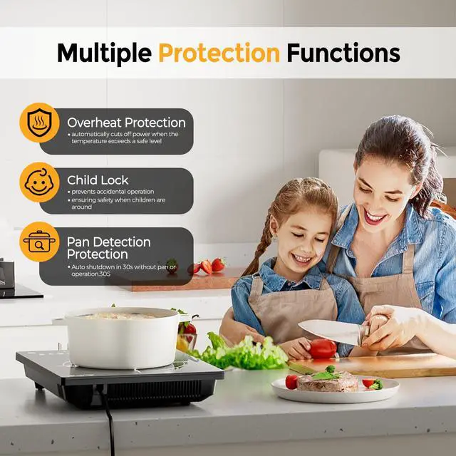 Alt view image 6 of 7 - Induction Cooktop 1800W Portable Electric Stove Countertop, 8 Preset Functions & Temp Settings, 2 Cooking Modes, Timer, Child Lock for Tiny Kitchen, Apartment, Camping, RV Countertop Burner