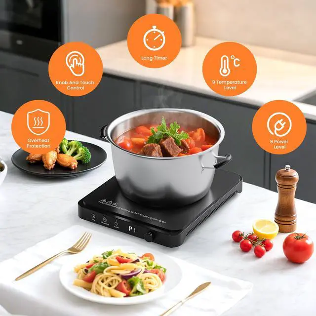 Alt view image 2 of 7 - . Portable Induction Cooktop, Countertop Burner Hot Plate 1500W With Sensor Touch, Electric Induction Cooker With 9-Level Adjustment, 3-Hour Timer, Auto-Shut-Off, LED Display, Auto Pot Detection