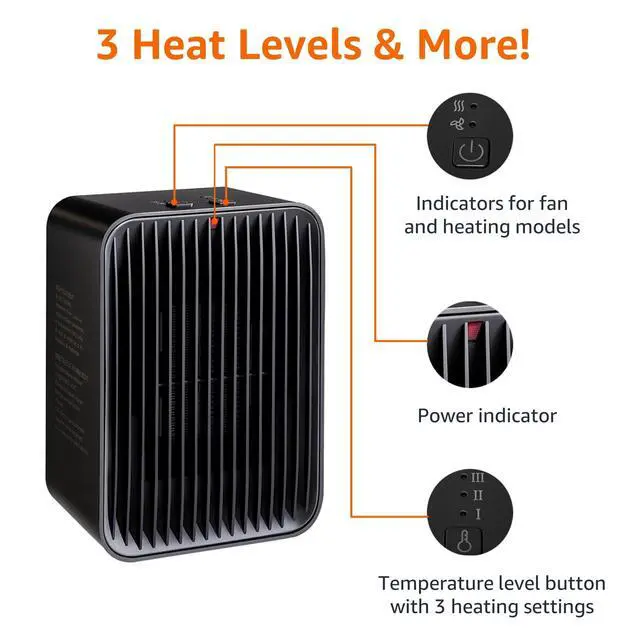 Alt view image 2 of 5 - Portable Ceramic Space Heater, Small Electric Heater for Indoor Use With 3 Heat Settings, Temperature Control, Lightweight (1.7 LBS), 520 w, Black, 5.1"L x 3.5"W x 7"H