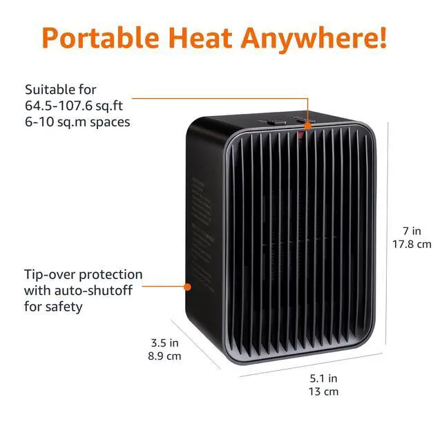 Alt view image 3 of 5 - Portable Ceramic Space Heater, Small Electric Heater for Indoor Use With 3 Heat Settings, Temperature Control, Lightweight (1.7 LBS), 520 w, Black, 5.1"L x 3.5"W x 7"H