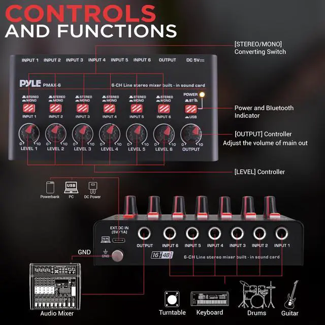 Alt view image 2 of 7 - 6-Channel Bluetooth Mini Line Mixer with USB Audio Interface - 6 Mono/Stereo Switching Inputs | Ultra-low Noise Design with High Headroom | Built-in USB-C Sound Card - PMAX6
