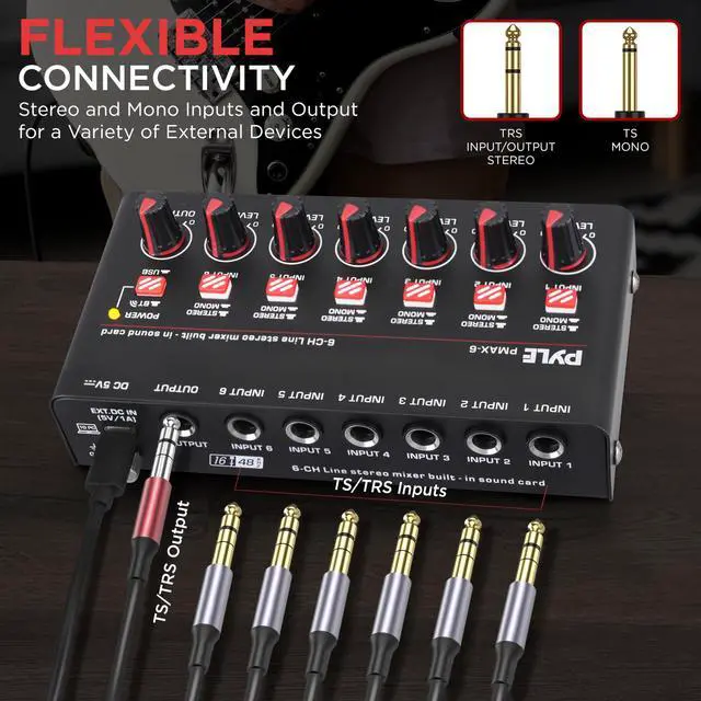 Alt view image 4 of 7 - 6-Channel Bluetooth Mini Line Mixer with USB Audio Interface - 6 Mono/Stereo Switching Inputs | Ultra-low Noise Design with High Headroom | Built-in USB-C Sound Card - PMAX6