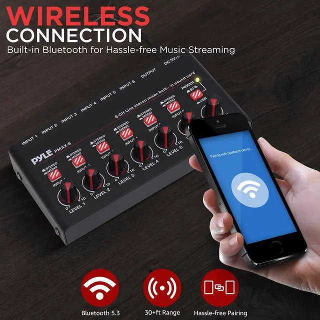 Alt view image 5 of 7 - 6-Channel Bluetooth Mini Line Mixer with USB Audio Interface - 6 Mono/Stereo Switching Inputs | Ultra-low Noise Design with High Headroom | Built-in USB-C Sound Card - PMAX6