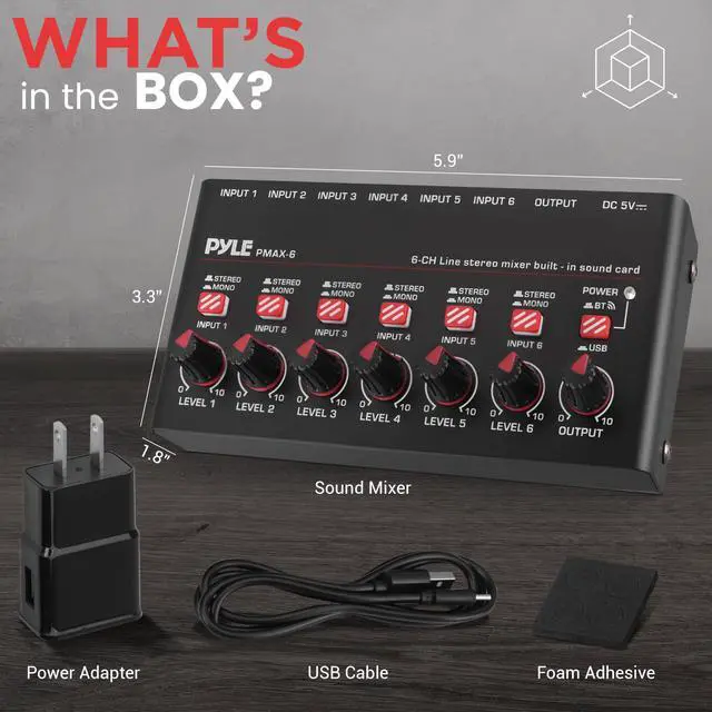 Alt view image 7 of 7 - 6-Channel Bluetooth Mini Line Mixer with USB Audio Interface - 6 Mono/Stereo Switching Inputs | Ultra-low Noise Design with High Headroom | Built-in USB-C Sound Card - PMAX6