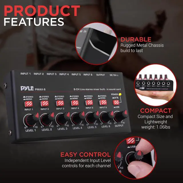 Alt view image 6 of 7 - 6-Channel Bluetooth Mini Line Mixer with USB Audio Interface - 6 Mono/Stereo Switching Inputs | Ultra-low Noise Design with High Headroom | Built-in USB-C Sound Card - PMAX6
