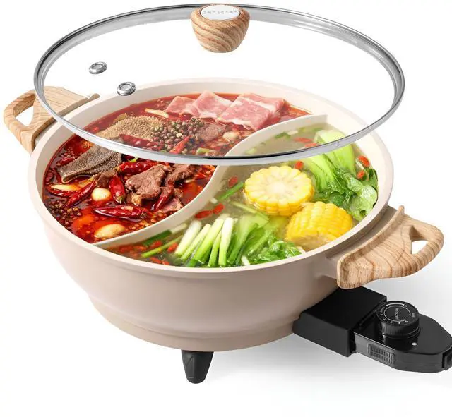 Main image of TWIN Electric Hot Pot with Divider | PFAS-Free Ceramic Nonstick Pot | EvenHeat Cast Aluminum Body | 1500W Fast Heating | Dual-Flavor Shabu Shabu Pots | 1-Yr Warranty | Ceramic Apricot