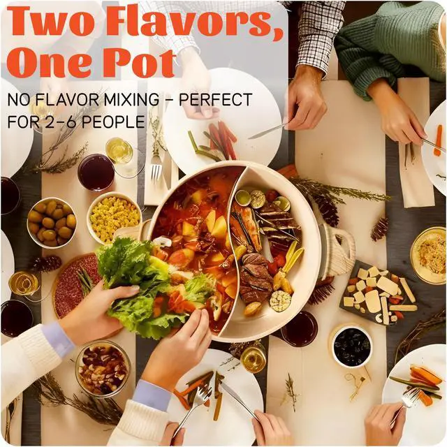 Alt view image 3 of 7 - TWIN Electric Hot Pot with Divider | PFAS-Free Ceramic Nonstick Pot | EvenHeat Cast Aluminum Body | 1500W Fast Heating | Dual-Flavor Shabu Shabu Pots | 1-Yr Warranty | Ceramic Apricot