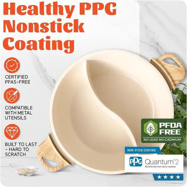 Alt view image 4 of 7 - TWIN Electric Hot Pot with Divider | PFAS-Free Ceramic Nonstick Pot | EvenHeat Cast Aluminum Body | 1500W Fast Heating | Dual-Flavor Shabu Shabu Pots | 1-Yr Warranty | Ceramic Apricot