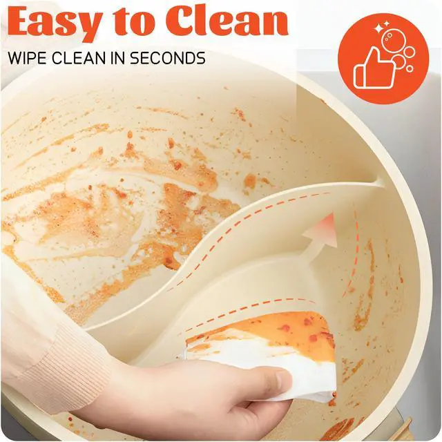 Alt view image 5 of 7 - TWIN Electric Hot Pot with Divider | PFAS-Free Ceramic Nonstick Pot | EvenHeat Cast Aluminum Body | 1500W Fast Heating | Dual-Flavor Shabu Shabu Pots | 1-Yr Warranty | Ceramic Apricot