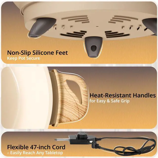 Alt view image 6 of 7 - TWIN Electric Hot Pot with Divider | PFAS-Free Ceramic Nonstick Pot | EvenHeat Cast Aluminum Body | 1500W Fast Heating | Dual-Flavor Shabu Shabu Pots | 1-Yr Warranty | Ceramic Apricot