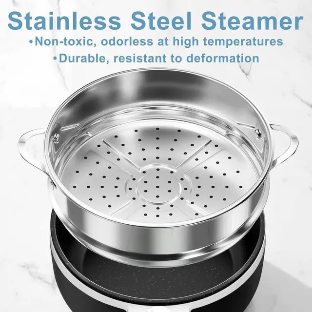 Alt view image 3 of 7 - Hot Pot Electric with Steamer Upgraded, Non-Stick Sauté Pan, Rapid Noodles Electric Pot, 1.5L Mini Pot for Steak, Egg, Fried Rice, Ramen, Oatmeal, Soup with Power Adjustment