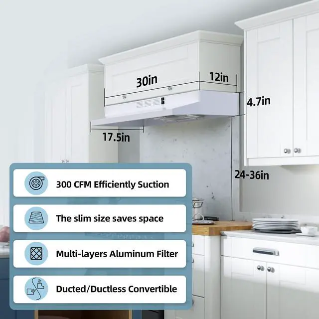 Alt view image 2 of 7 - Range Hood 30 inch Under Cabinet Range Hood with 2 Speed Exhaust Fan,Ducted/Ductless Convertible,Rocker Button Control,300 CFM, White Vent Hood Aluminum Filter Included