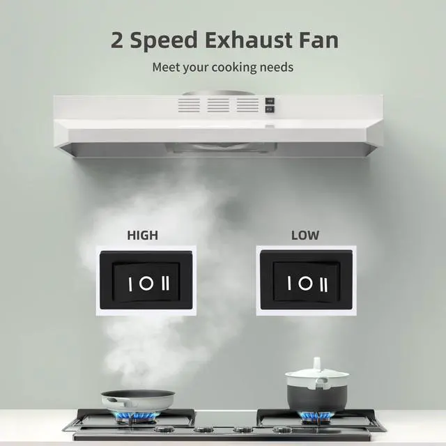 Alt view image 3 of 7 - Range Hood 30 inch Under Cabinet Range Hood with 2 Speed Exhaust Fan,Ducted/Ductless Convertible,Rocker Button Control,300 CFM, White Vent Hood Aluminum Filter Included