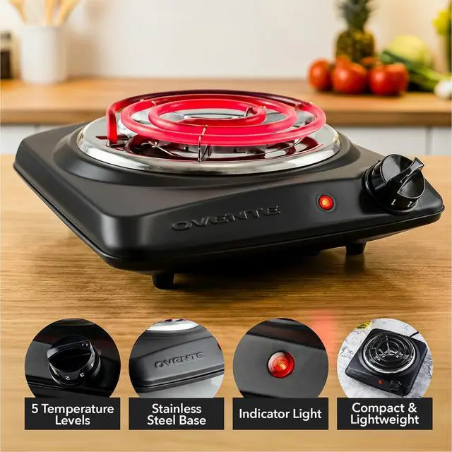 Alt view image 2 of 7 - Electric Countertop Single Burner, 1000W Cooktop with 6" Stainless Steel Coil Hot Plate, 5 Level Temperature Control, Indicator Light, Compact Cooking Stove and Easy to Clean, Black BGC101B