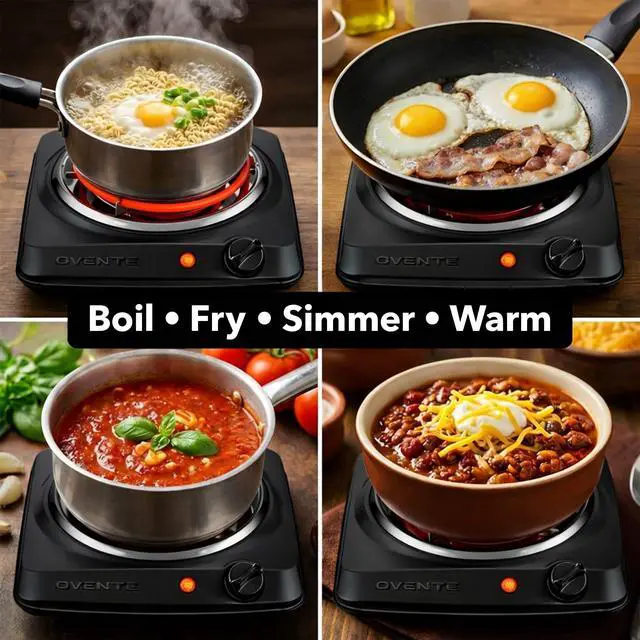 Alt view image 4 of 7 - Electric Countertop Single Burner, 1000W Cooktop with 6" Stainless Steel Coil Hot Plate, 5 Level Temperature Control, Indicator Light, Compact Cooking Stove and Easy to Clean, Black BGC101B