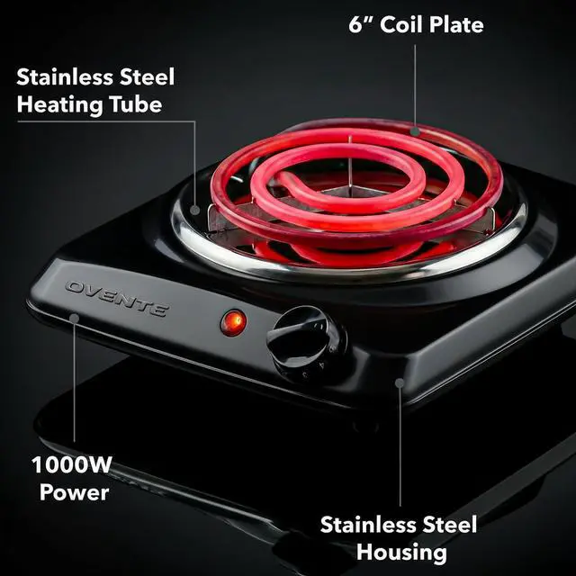 Alt view image 5 of 7 - Electric Countertop Single Burner, 1000W Cooktop with 6" Stainless Steel Coil Hot Plate, 5 Level Temperature Control, Indicator Light, Compact Cooking Stove and Easy to Clean, Black BGC101B