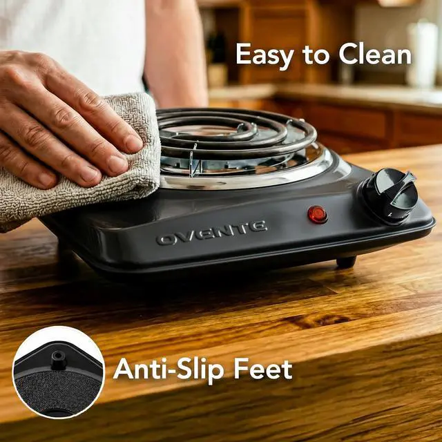 Alt view image 6 of 7 - Electric Countertop Single Burner, 1000W Cooktop with 6" Stainless Steel Coil Hot Plate, 5 Level Temperature Control, Indicator Light, Compact Cooking Stove and Easy to Clean, Black BGC101B