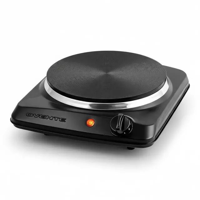 Main image of Electric Countertop Single Burner, 1000W Cooktop with 7.25 Inch Cast Iron Hot Plate, 5 Level Temperature Control, Compact Cooking Stove and Easy to Clean Stainless Steel Base, Black BGS101B