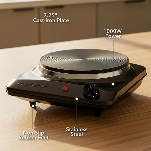 Alt view image 3 of 7 - Electric Countertop Single Burner, 1000W Cooktop with 7.25 Inch Cast Iron Hot Plate, 5 Level Temperature Control, Compact Cooking Stove and Easy to Clean Stainless Steel Base, Black BGS101B