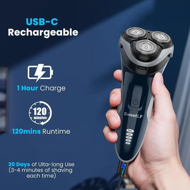 Alt view image 5 of 7 - Electric Razor for Men with Pop-Up Trimmer, IPX7 Waterproof Electric Shaver, Rechargeable Cordless Shavers for Men, Type-C, 120Mins Runtime, Plug & Play, Blue