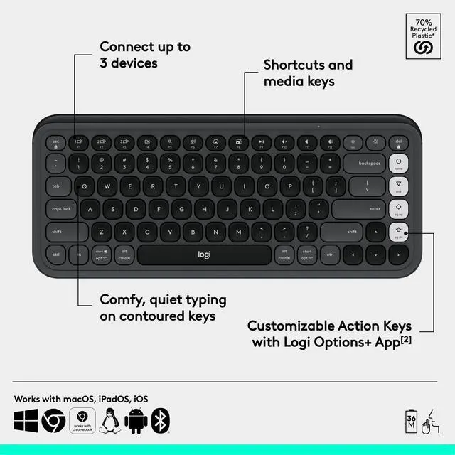 Alt view image 6 of 7 - Wireless Bluetooth Keyboard, Comfortable Typing, Programmable Keys, Easy-Switch Between up to 3 Devices, for Laptop, Tablet, PC Graphite and White